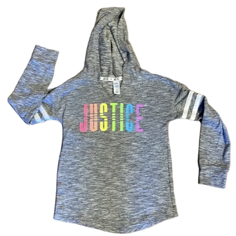 Justice Girls Gray Rainbow Logo Hoodie Sweatshirt Size 7 Striped Sleeve Pullover